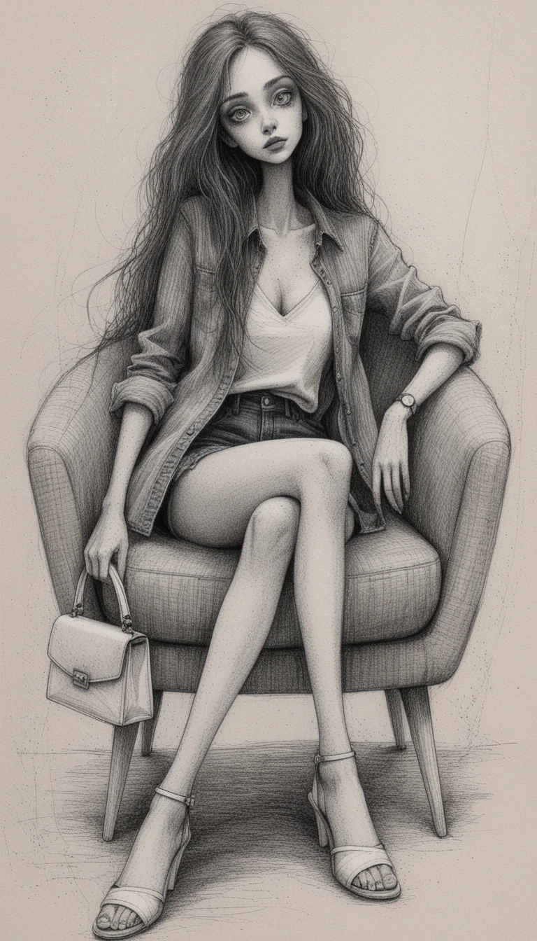 Ilustración melancólica a tinta de una mujer en un sillón moderno