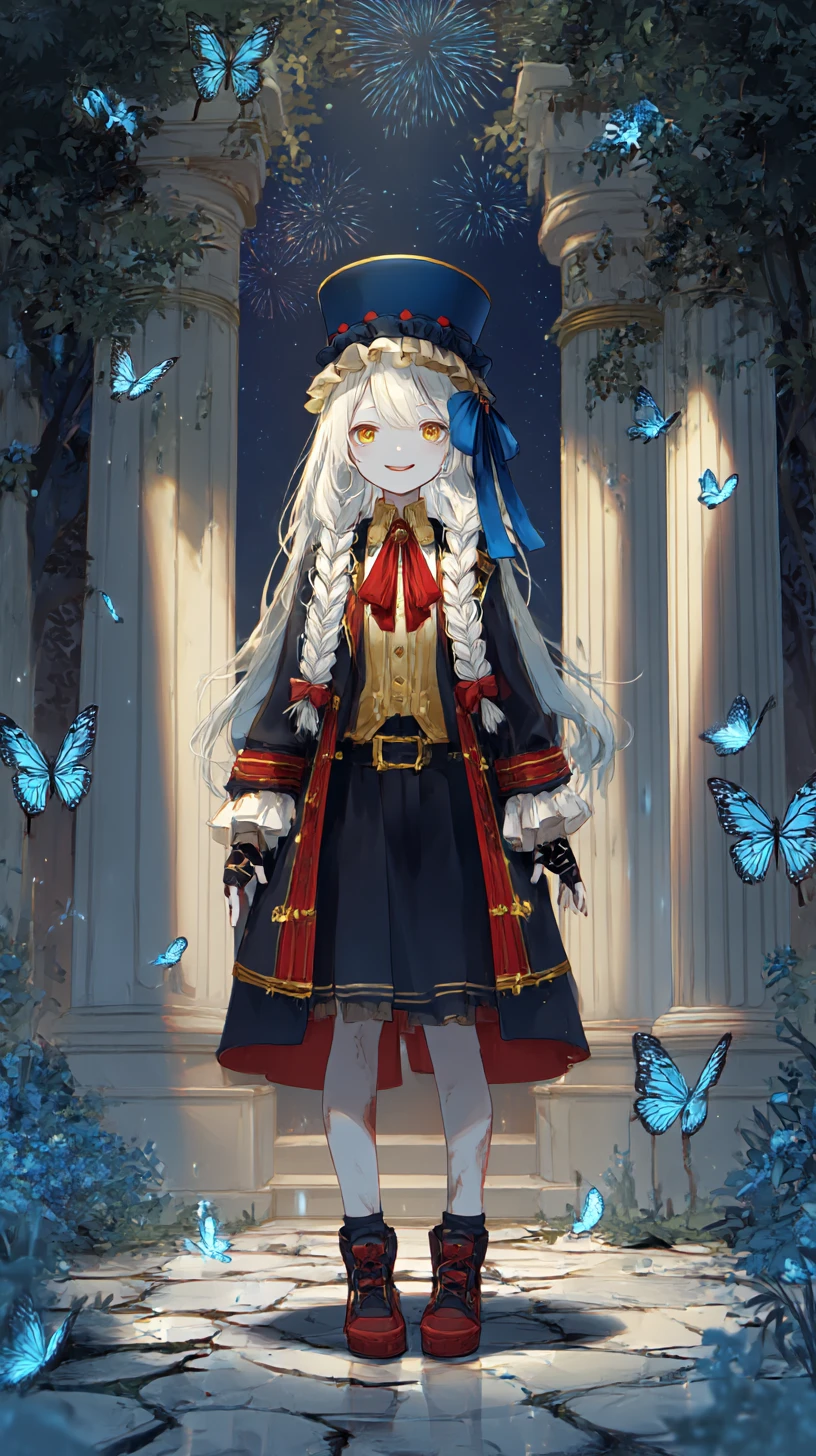 Chica de anime con atuendo ornamentado y elegante sombrero y abrigo