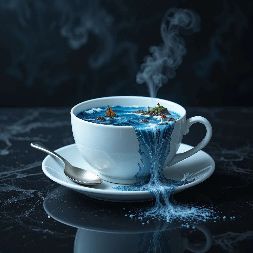Océano surreal que gira dentro de una taza de café blanca