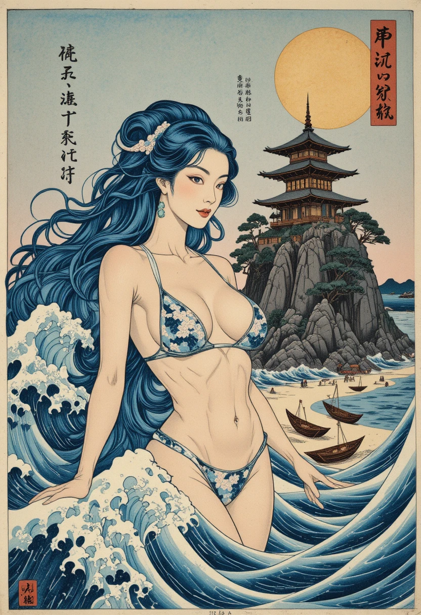 Diosa del agua estilo ukiyo-e que emerge de olas turbulentas y estampadas