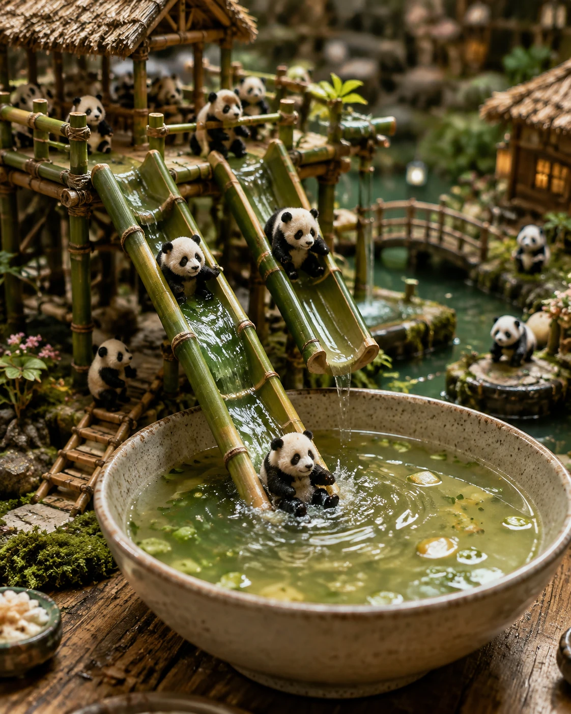 Pandas en miniatura deslizándose por bambú hacia un tazón de sopa