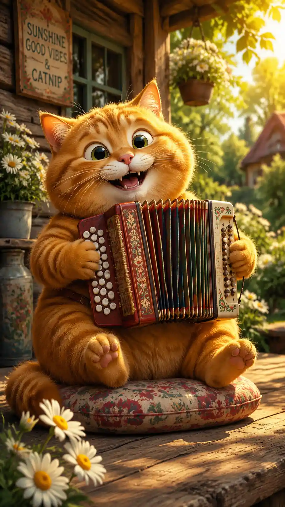 Chubby Ginger Cat Playing Accordion On A Sunny Porch