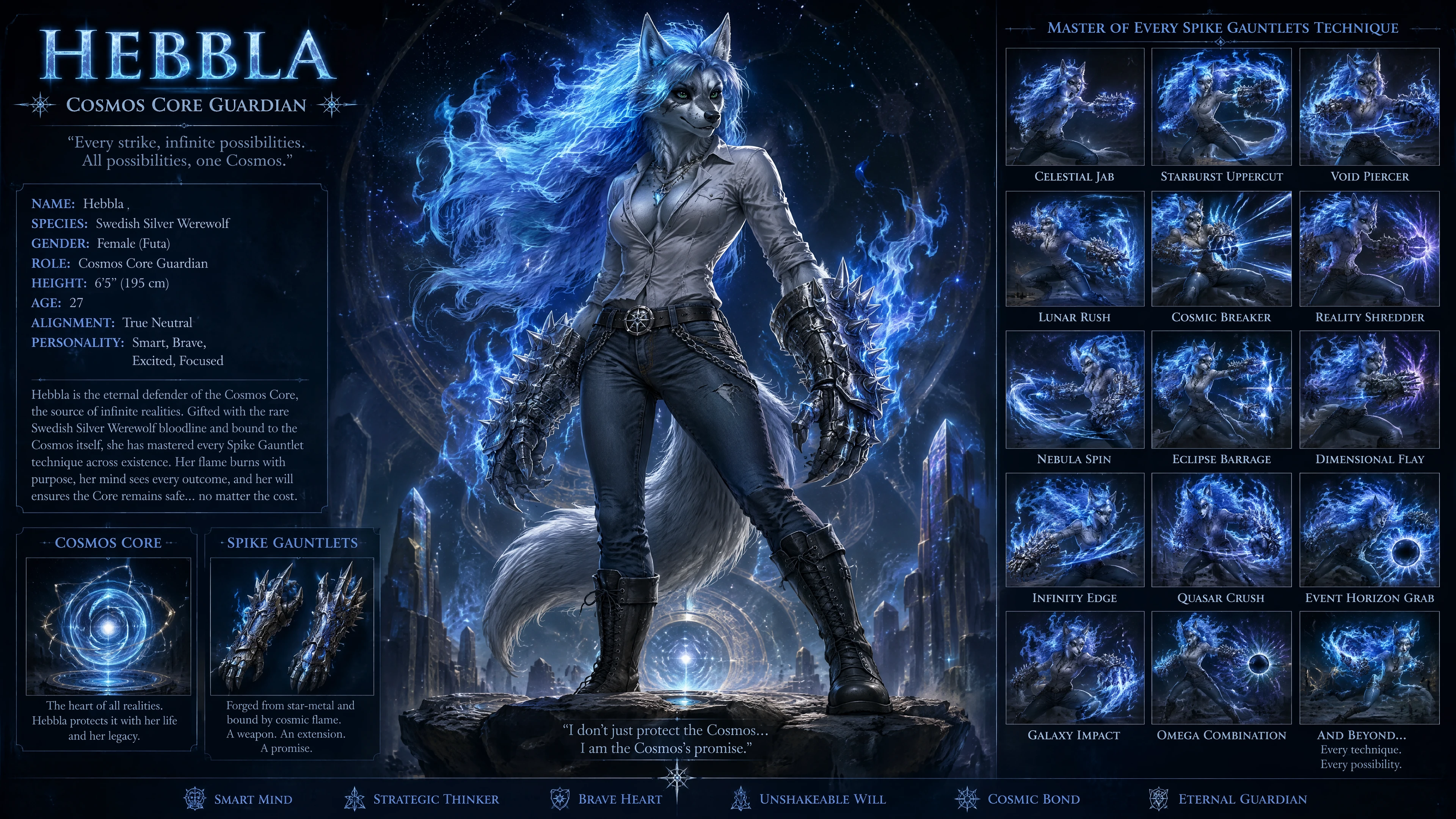 Mujer hombre lobo plateada de cabello azul con armadura de guardiana cósmica