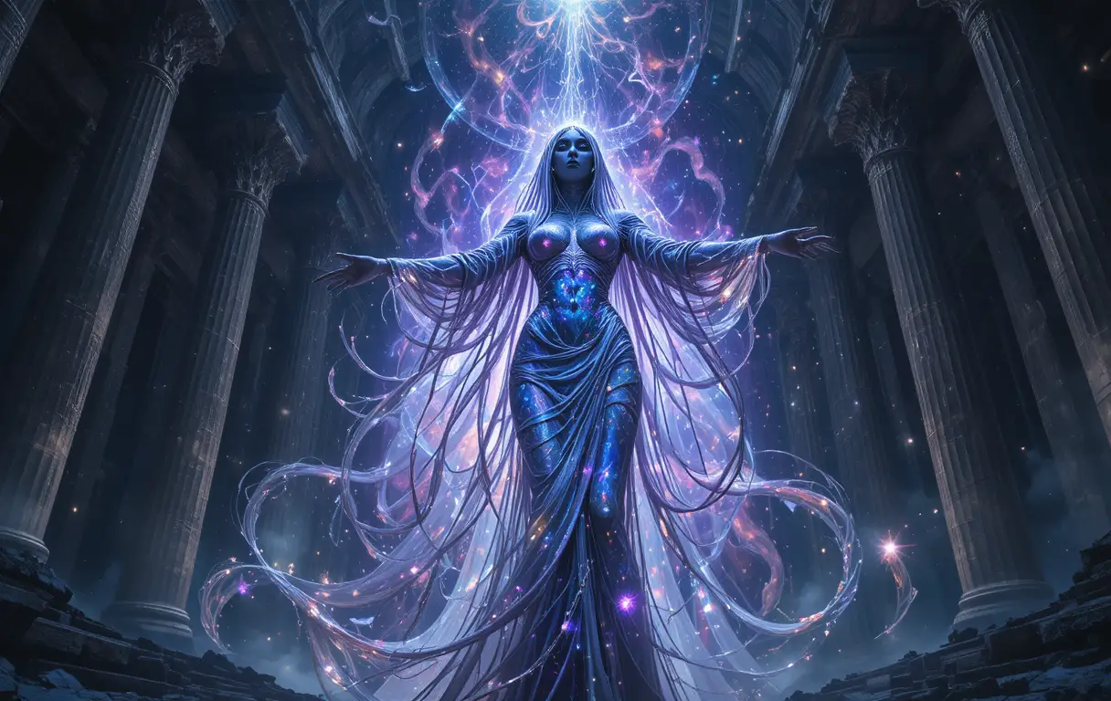 Diosa cósmica eldritch alzándose en un templo de obsidiana en ruinas