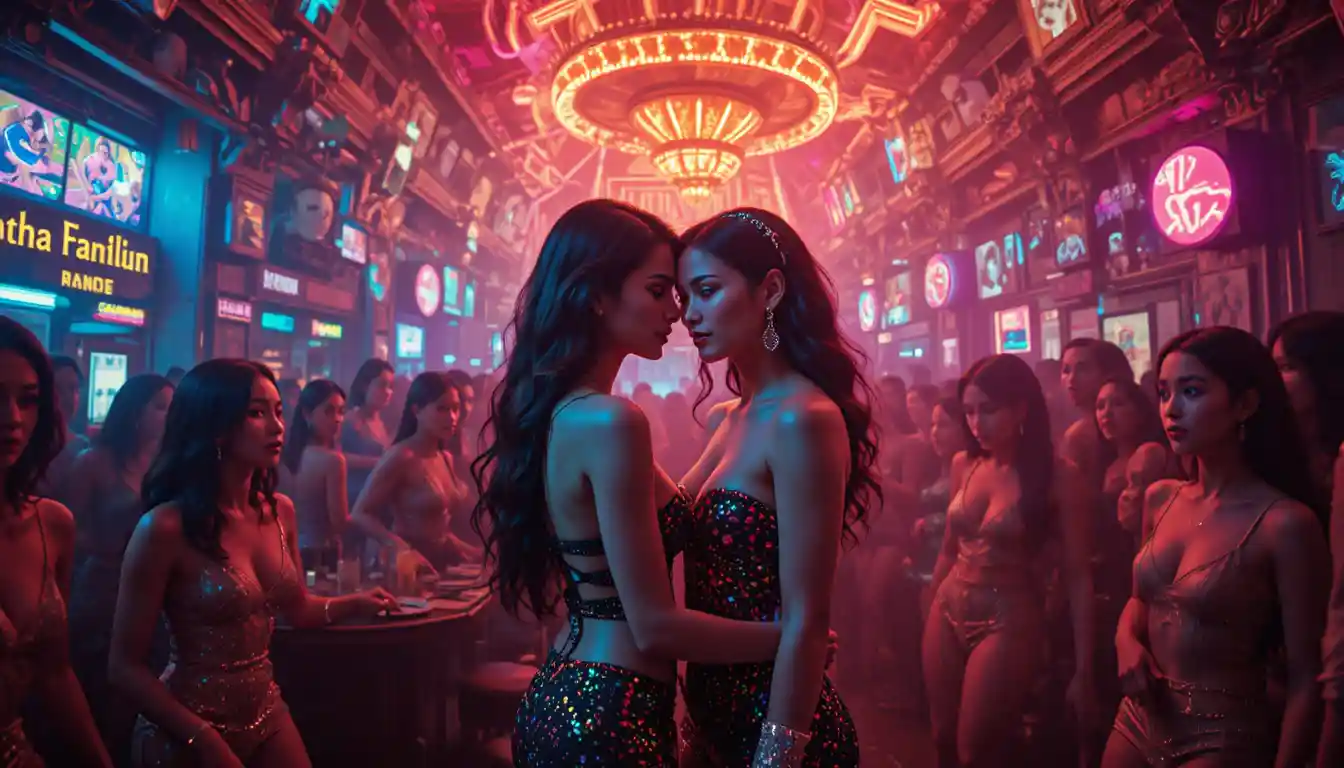 Pareja lésbica abrazándose en una discoteca tailandesa surrealista de neón