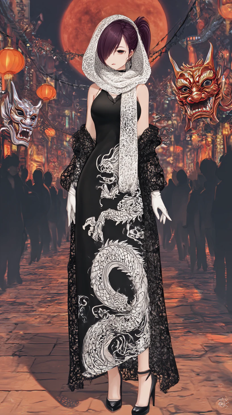 Chica anime con vestido de dragón en una calle de ciudad fantástica