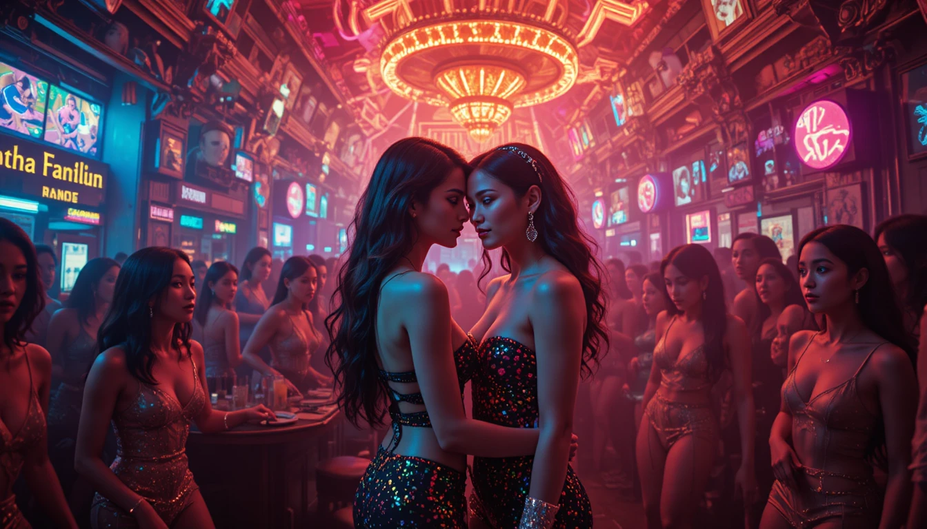 Pareja lésbica abrazándose en una discoteca tailandesa surrealista de neón