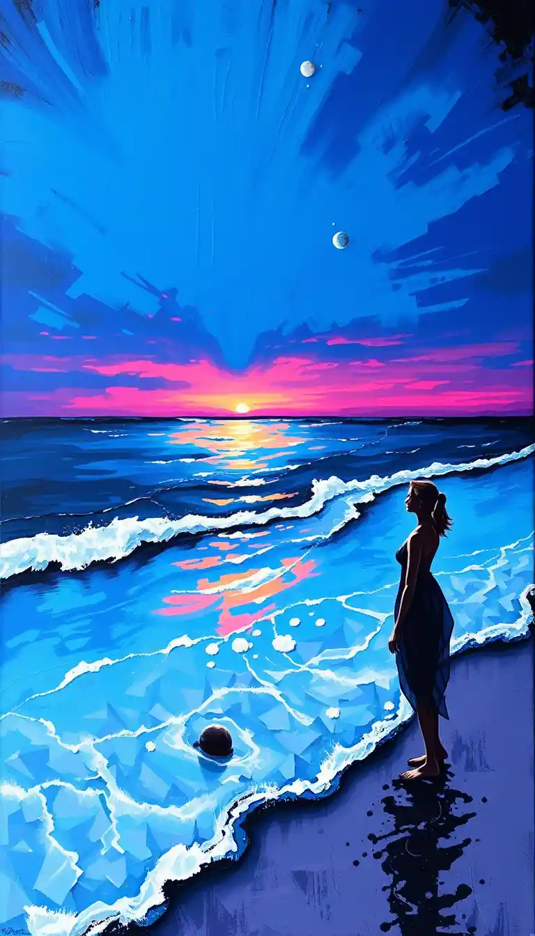 Barfüßige Frau am Meer bei Sonnenuntergang, die das Wasser berührt