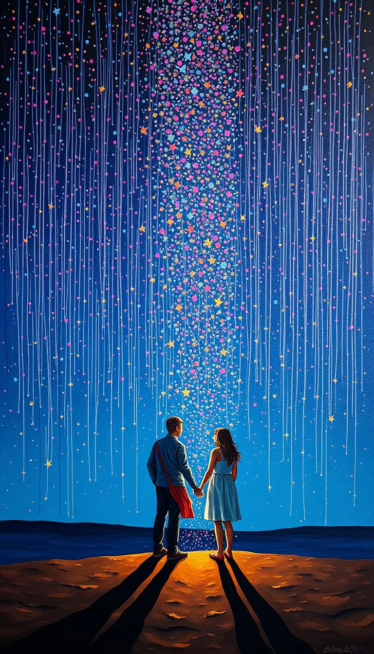 Couple beneath a falling shower of colorful night stars