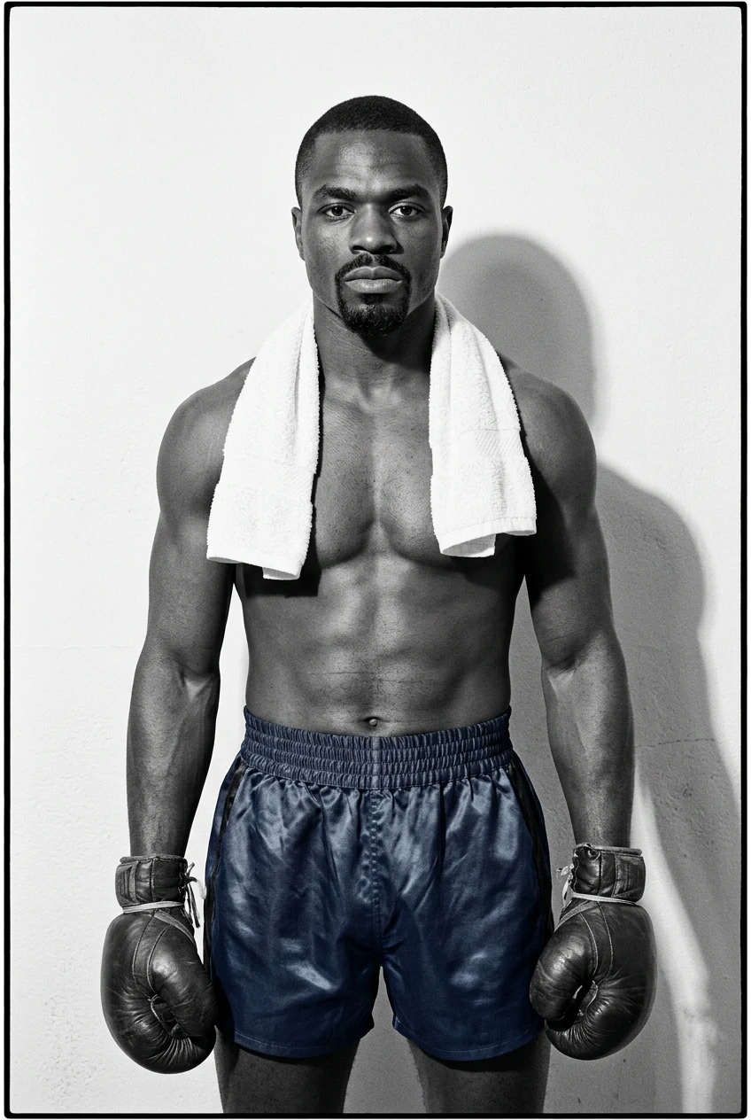 Black and white portrait of a stoic male boxer