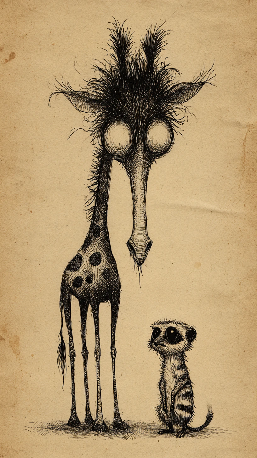 Giraffa e suricato a inchiostro surreale che si fissano su carta invecchiata
