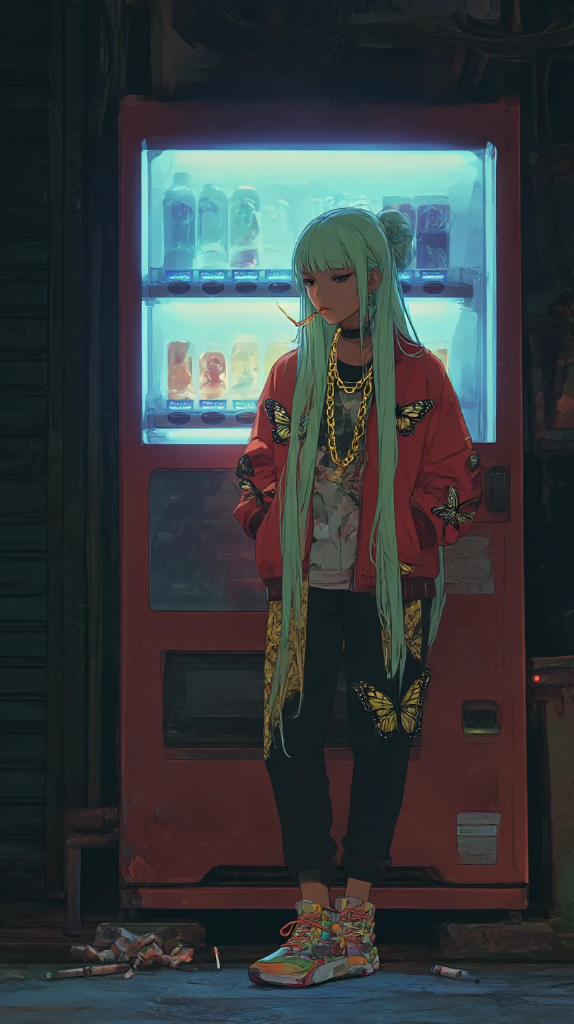 Anime girl smoking by neon soda machine at night