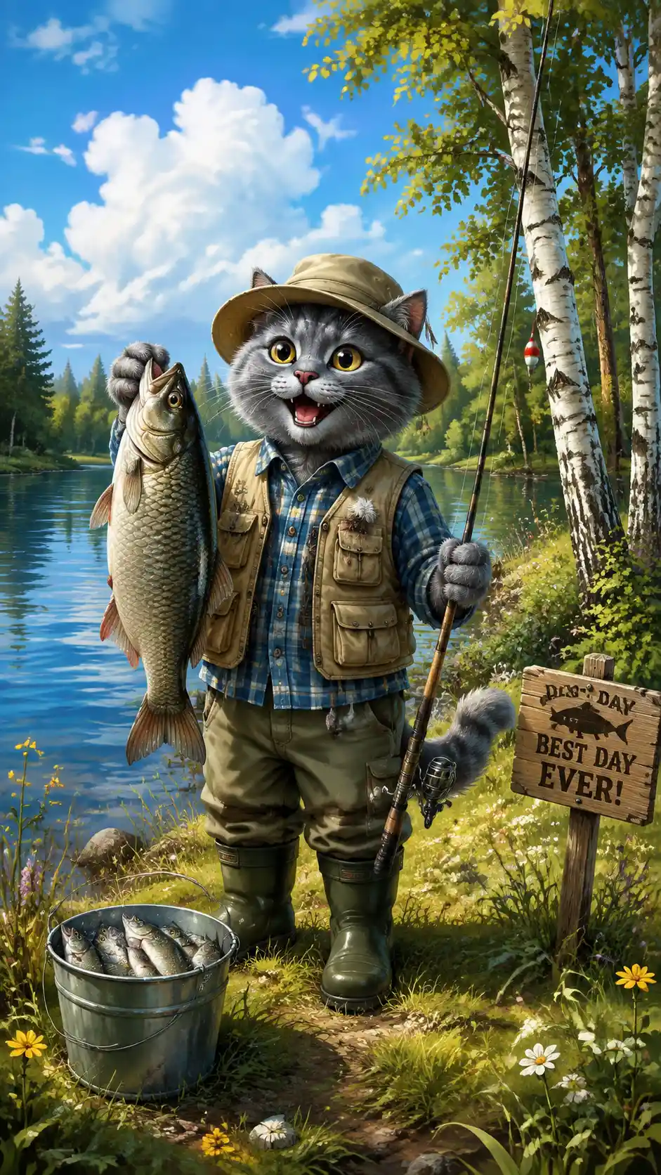 Cheerful Fishing Cat On Sunny Riverside Bank