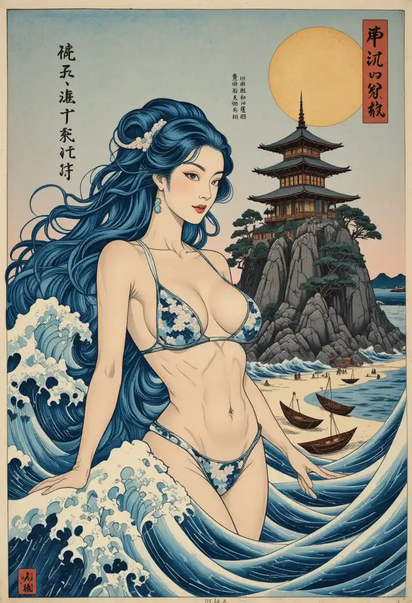 Ukiyo-e-Wassergöttin, die aus turbulenten, gemusterten Wellen aufsteigt