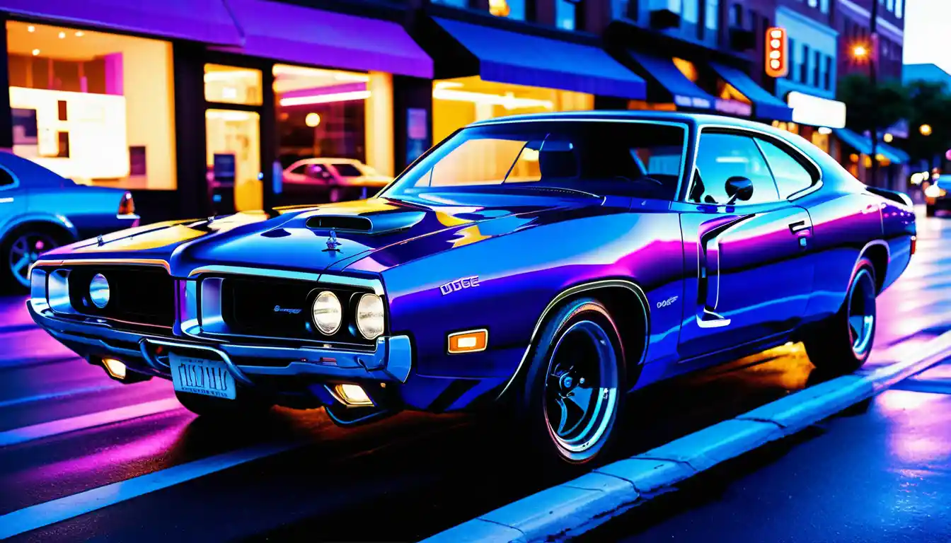Surreal muscle car with neon wrap on city street