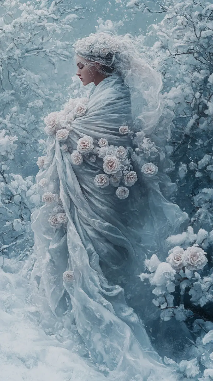 Woman in frost covered roses standing in a snowy orchard
