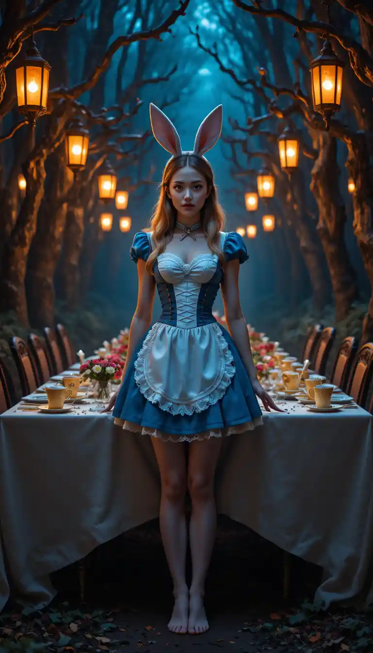 Chica descalza inspirada en Alicia en una mesa del bosque iluminada por faroles