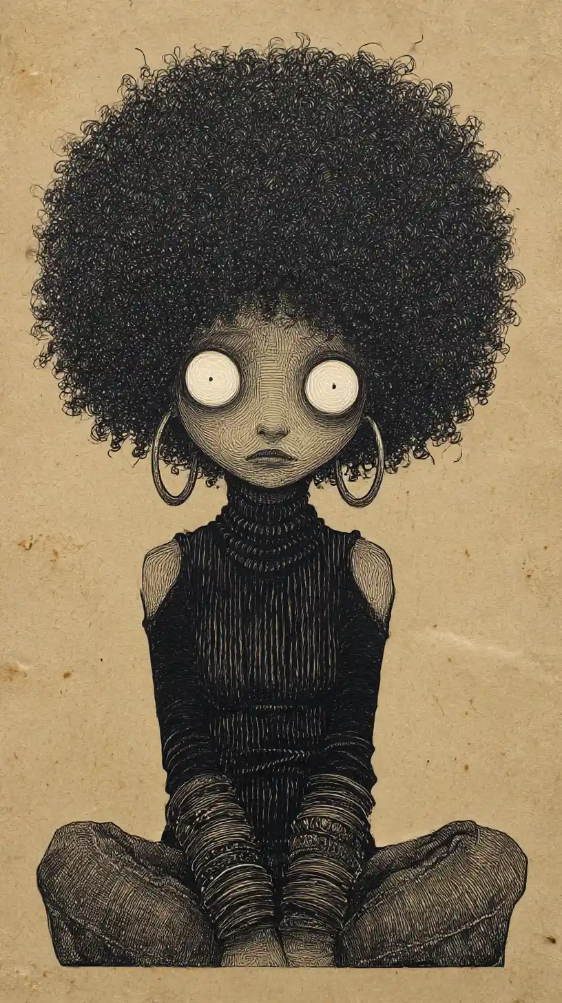 Desenho gótico em grafite de uma mulher séria com olhos brancos