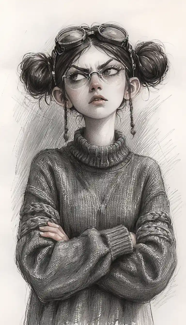 Chica melancólica con gafas en retrato a lápiz en blanco y negro