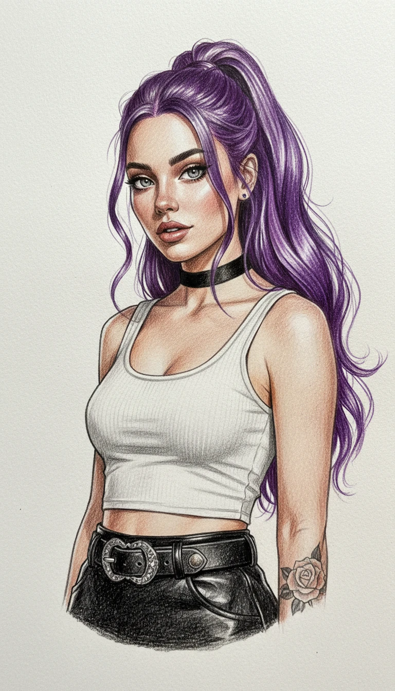Retrato medio a lápiz de colores de chica de pelo morado