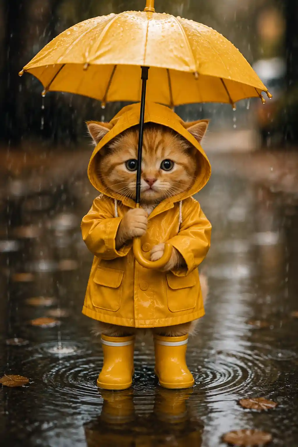 Tiny orange kitten in raincoat standing with umbrella