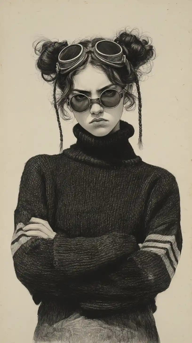 Retrato a lápiz sombrío de una chica rebelde con gafas