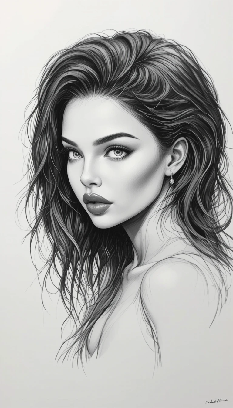 Detailed black and white pencil sketch with clean contours