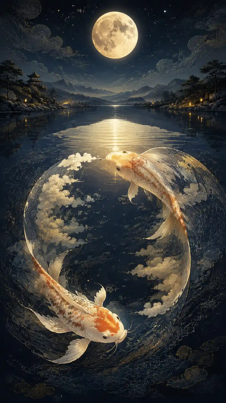 Full moon transforming into twin koi fish reflection