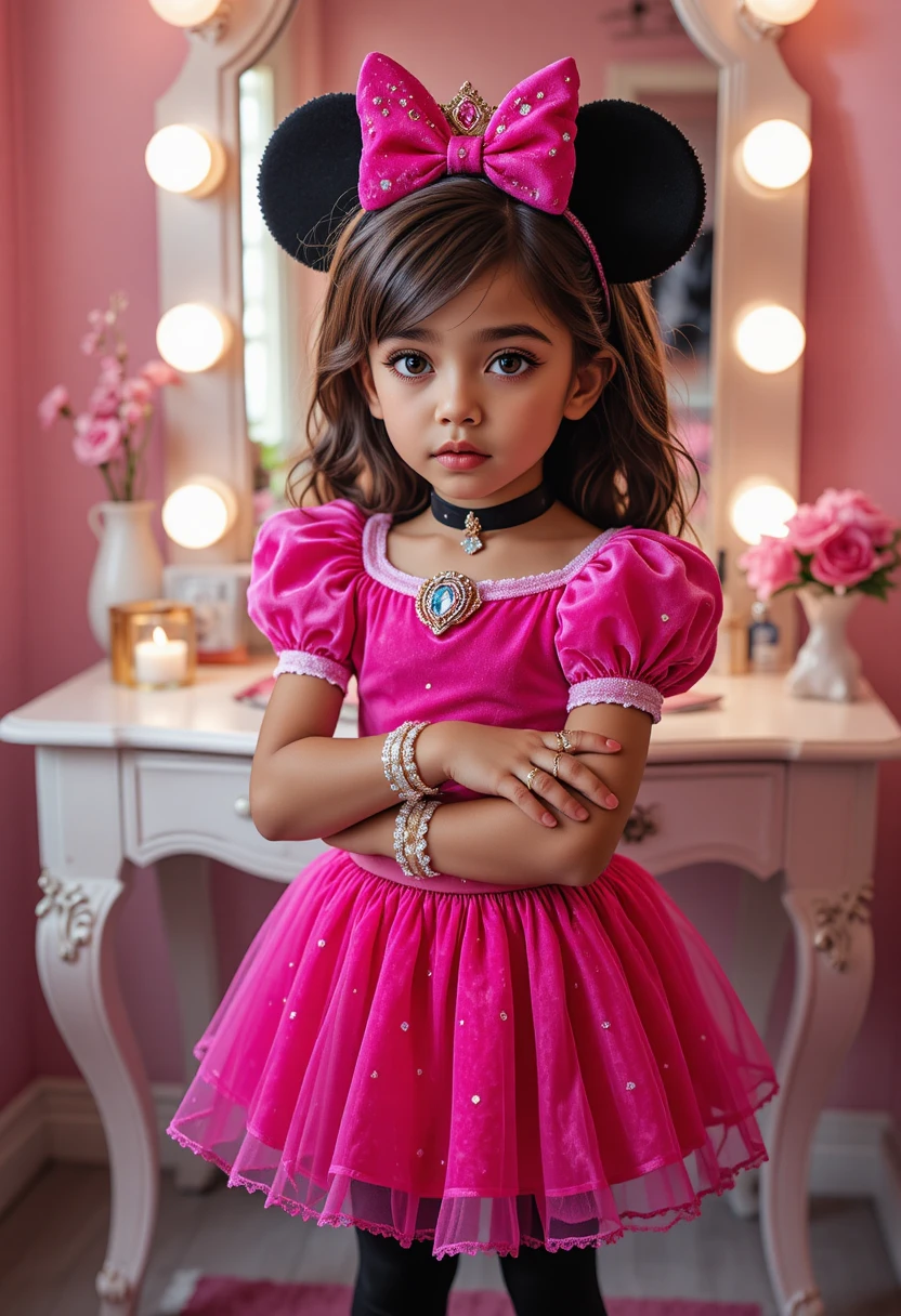 Ragazzo ispanico nervoso in costume da principessa rosa accanto alla toeletta