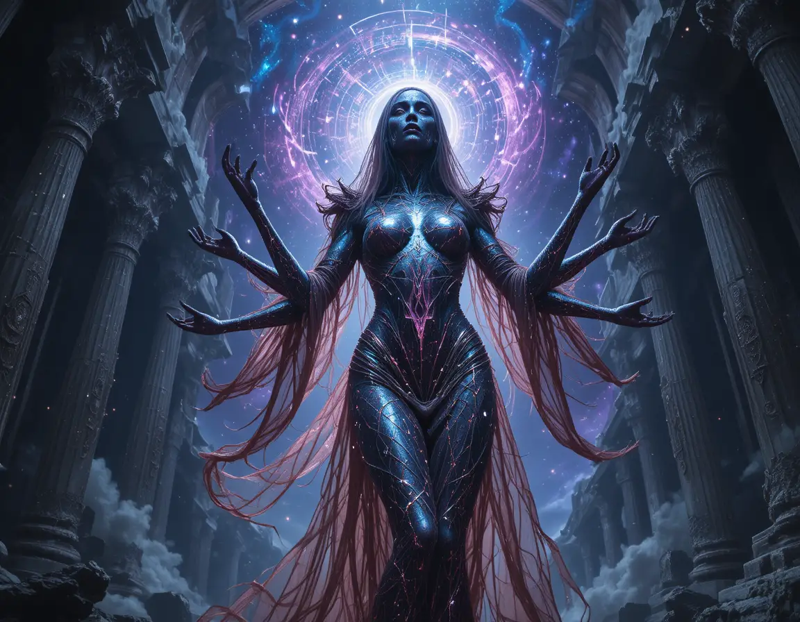Diosa eldritch alzándose en un templo cósmico en ruinas