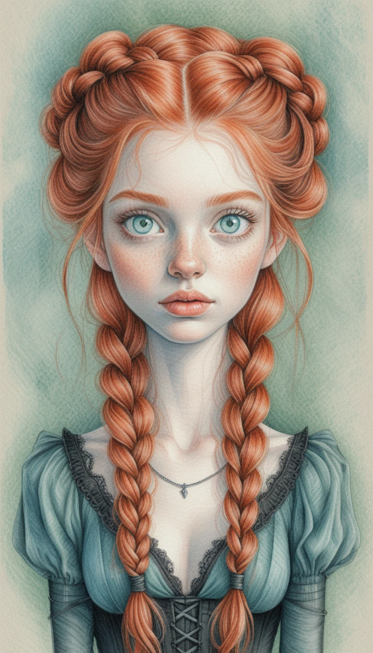 Retrato de chica pelirroja con moños trenzados y vestido con corsé