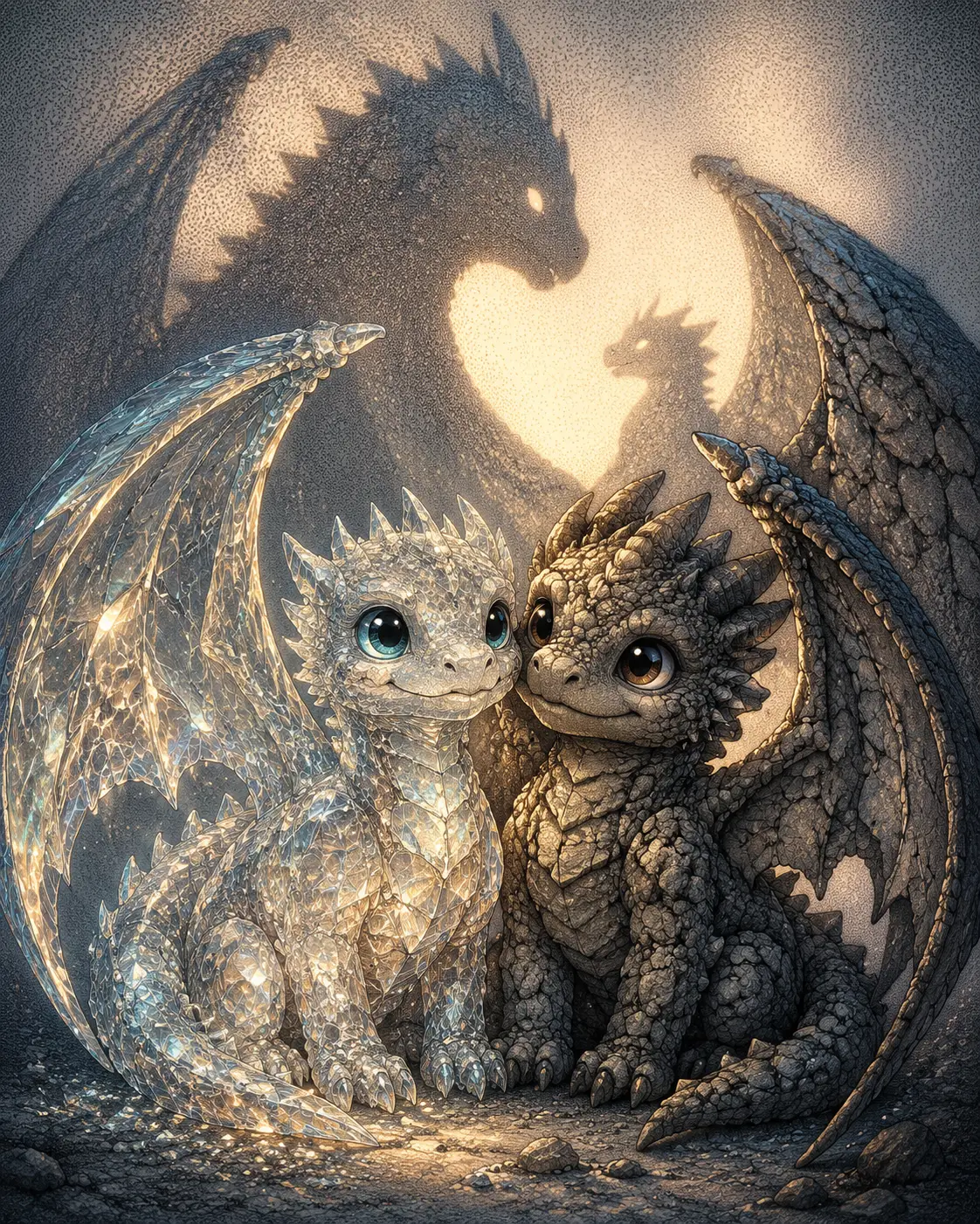 Two baby dragons sharing protective overlapping wings