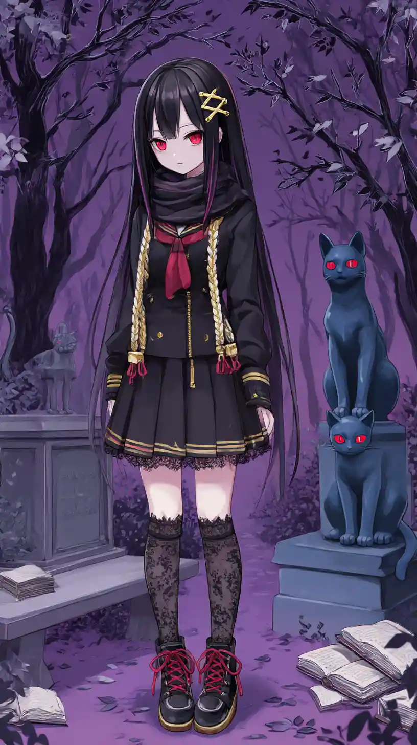 Chica de anime siniestra con chaqueta y falda negras ornamentadas