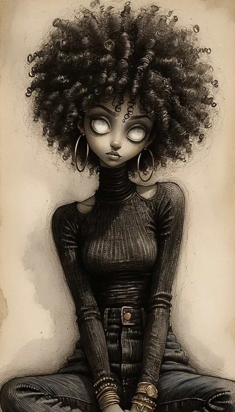 Dessin gothique au graphite d’une femme aux grands yeux blancs écarquillés
