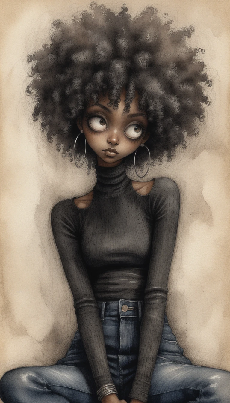 Dibujo gótico a lápiz de una mujer sentada con grandes ojos blancos