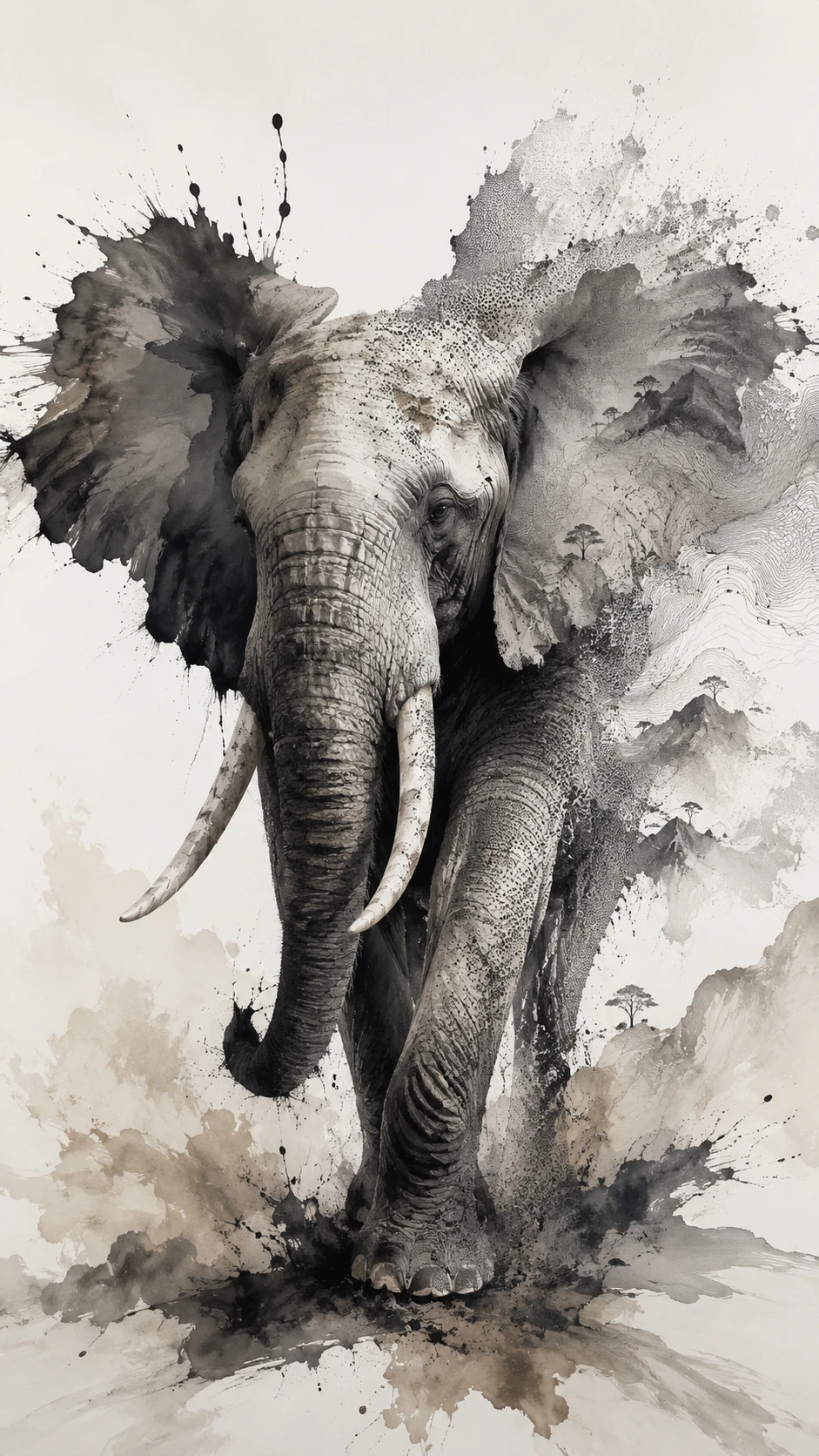 Elefante em tinta e pontilhismo em vista abstrata de três quartos