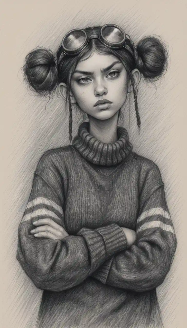 Chica melancólica con gafas en retrato a lápiz en blanco y negro