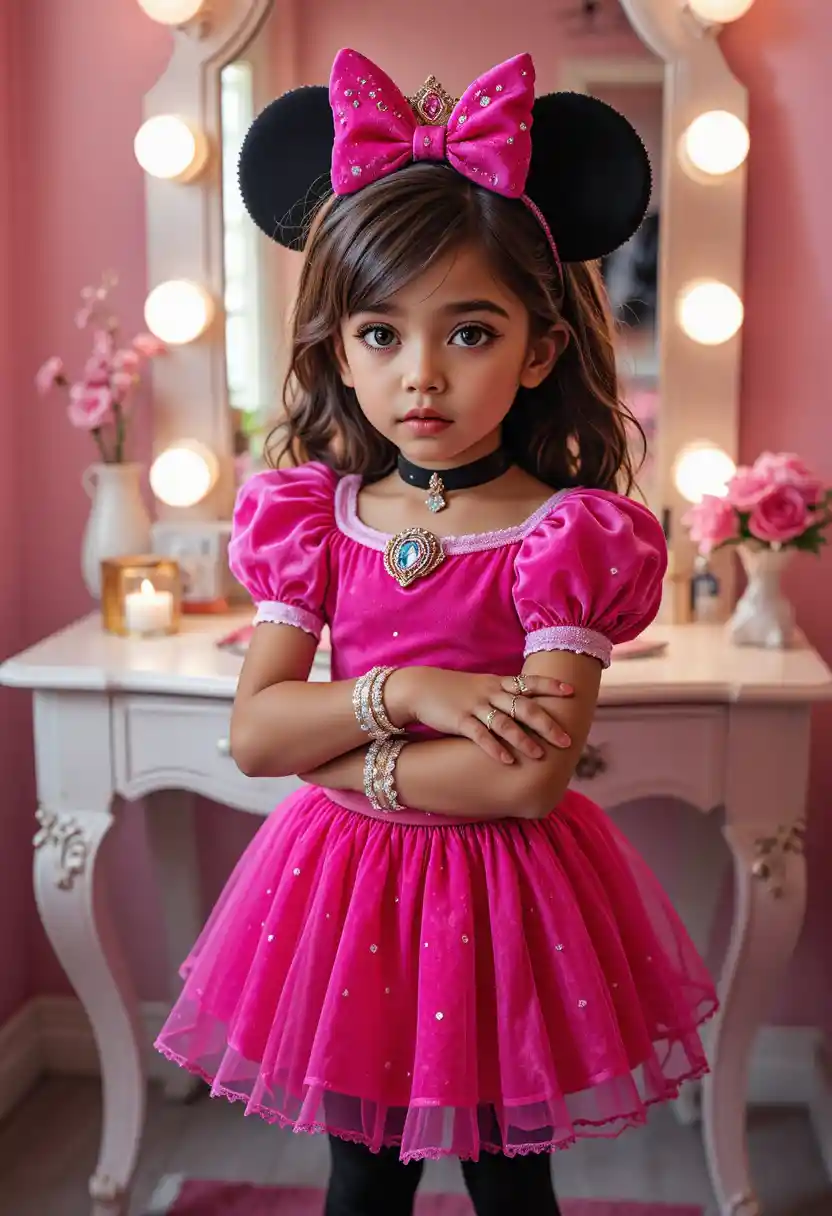 Nervous Hispanic boy in pink princess costume by vanity