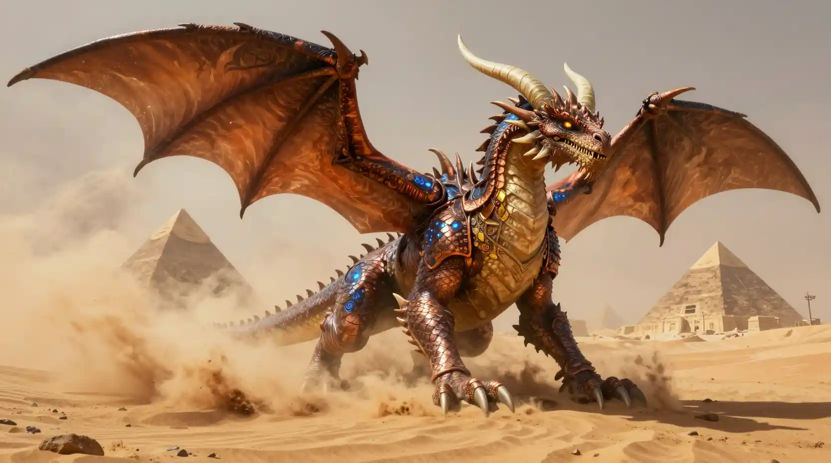Colossal Desert Dragon Amid Swirling Supernatural Sandstorm