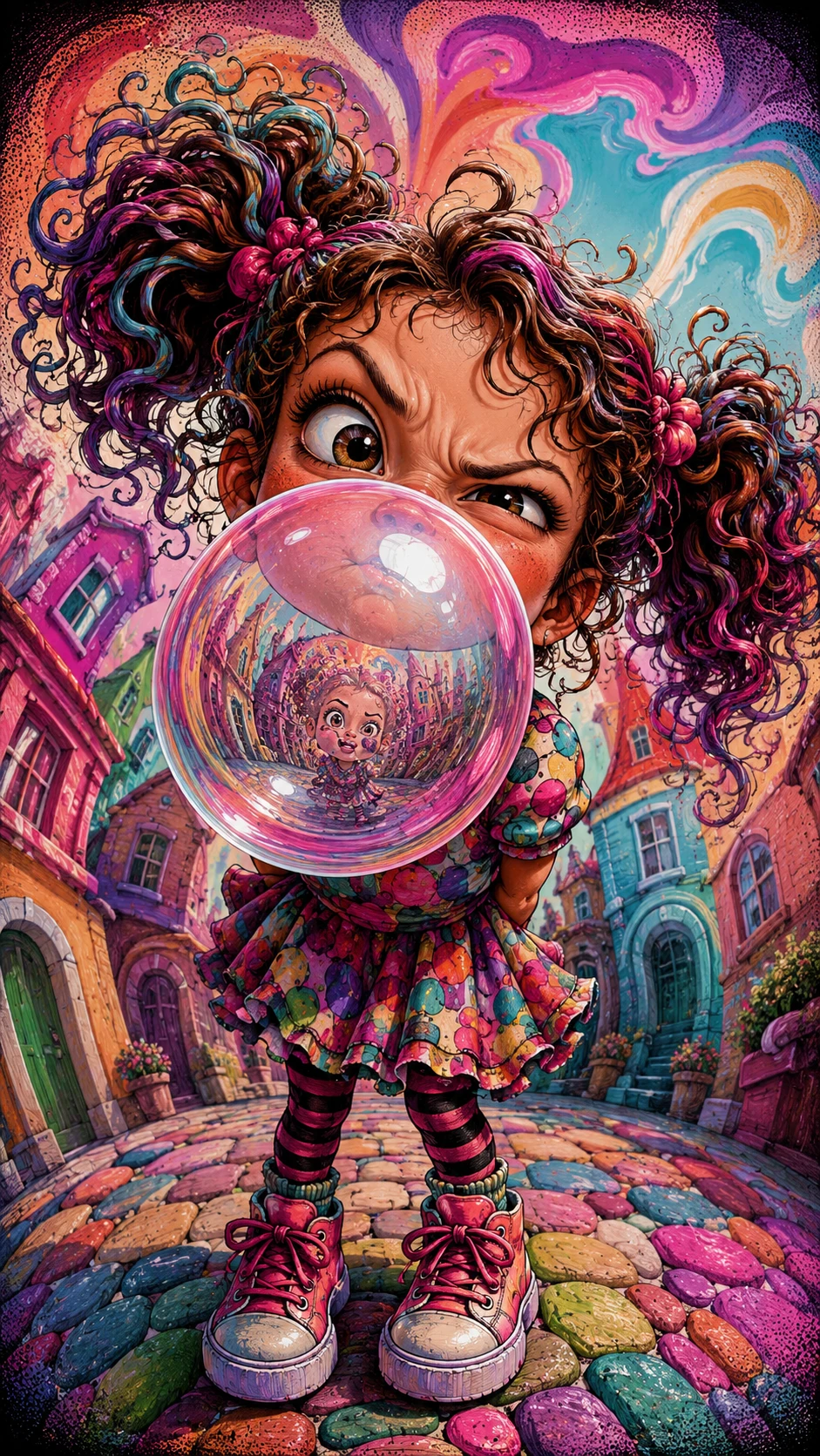 Niña juguetona soplando una enorme burbuja translúcida de chicle - ilustración