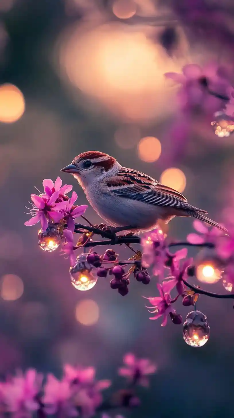 Small sparrow opening flowers for sleepy bees at dawn