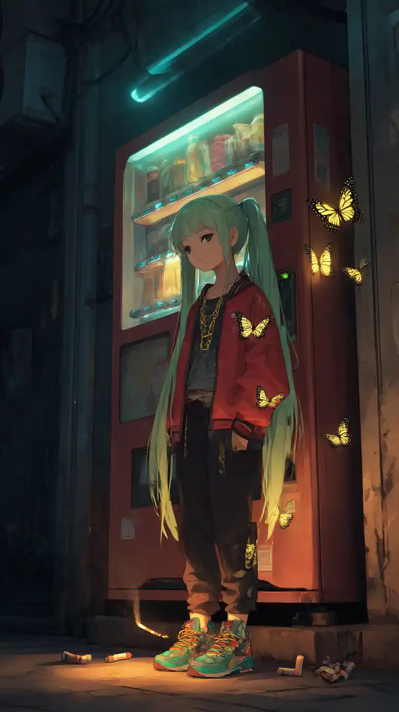 Chica de anime fumando junto a máquina de refrescos neón por la noche