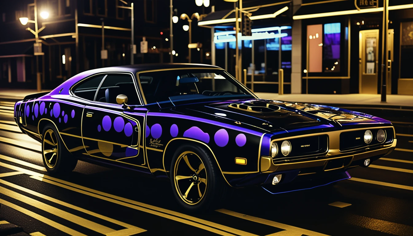 Muscle car surreale in una strada cittadina al neon al crepuscolo