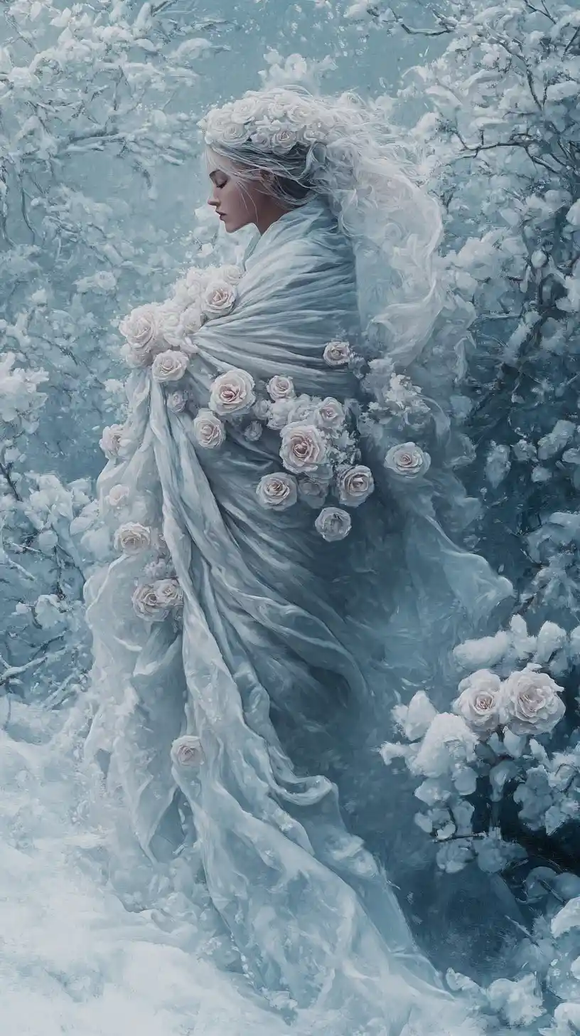 Mujer con rosas cubiertas de escarcha en un huerto nevado