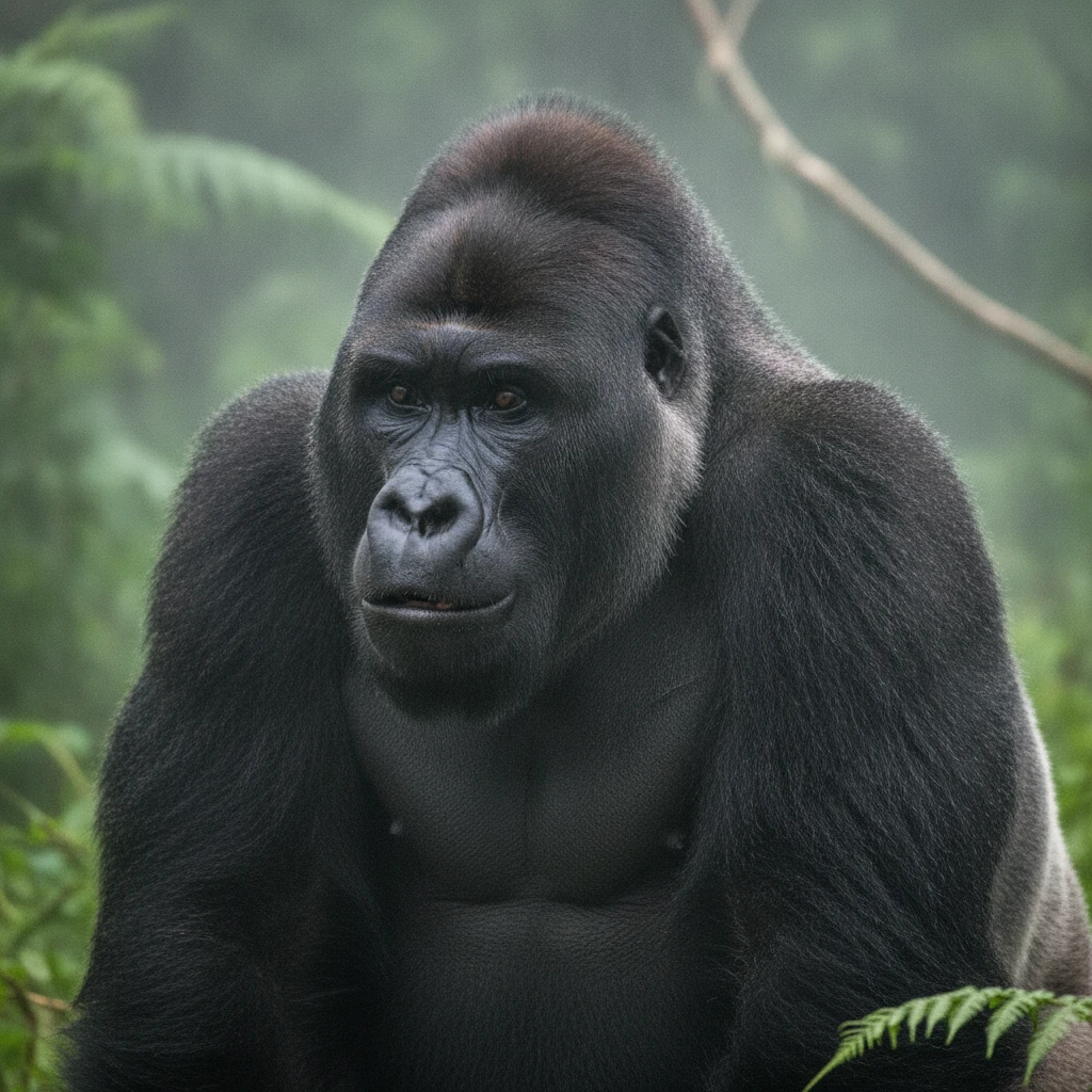 Majestic gorilla close up in a misty jungle setting