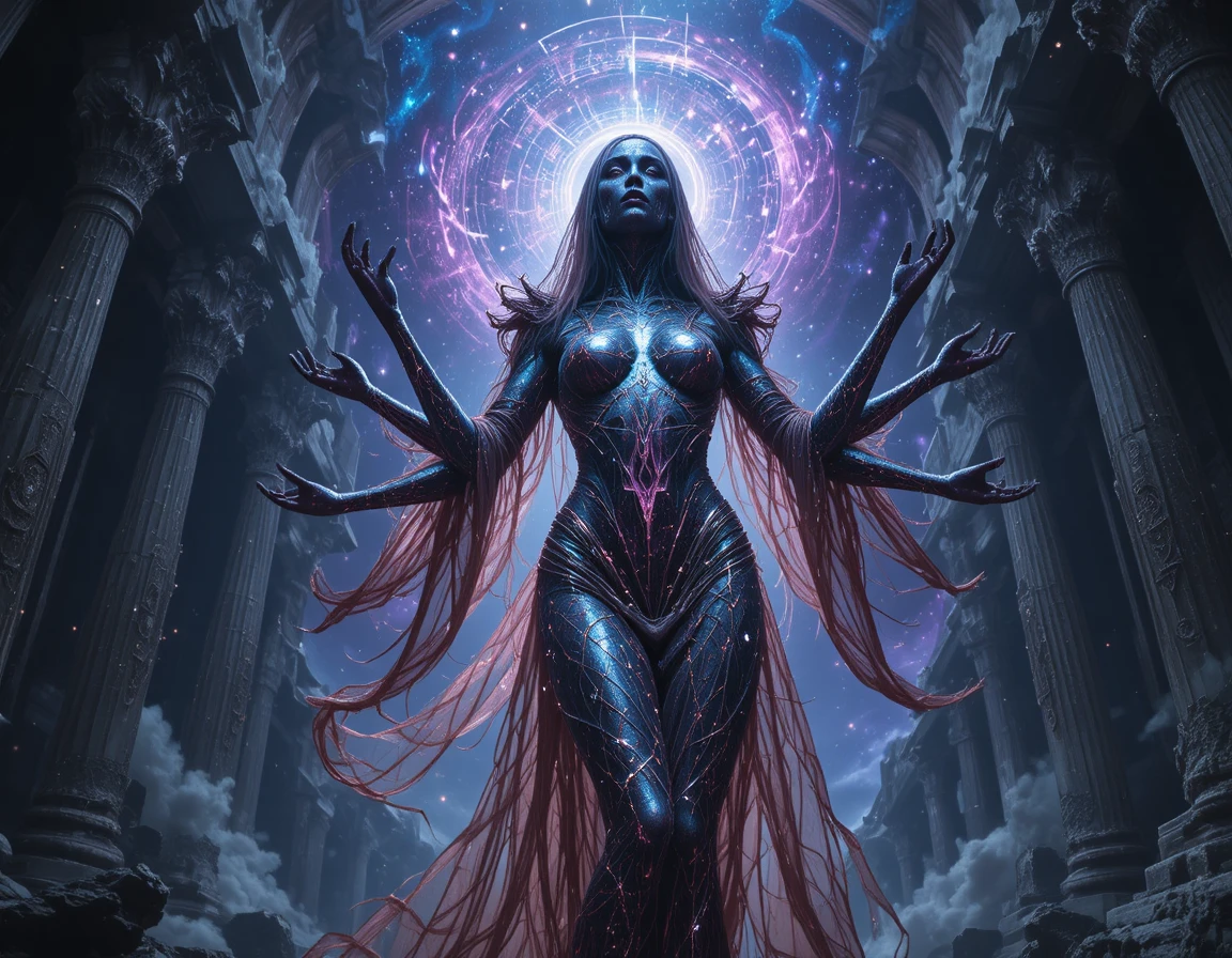 Diosa eldritch alzándose en un templo cósmico en ruinas