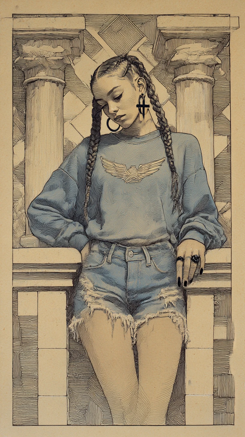 Chica segura de sí misma en dibujo a tinta con fondo arquitectónico