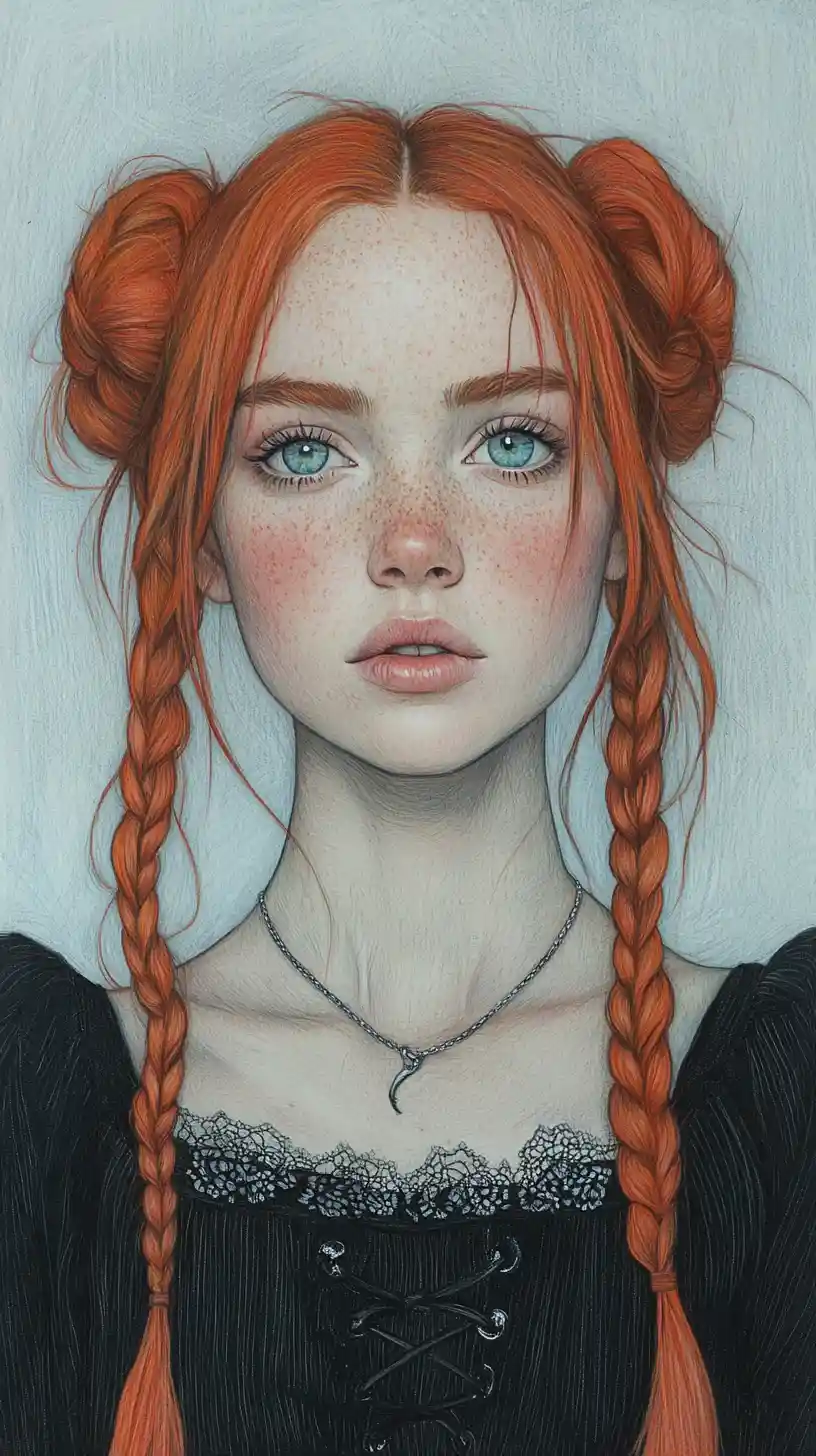 Retrato de chica pelirroja en dibujo detallado a lápices de colores