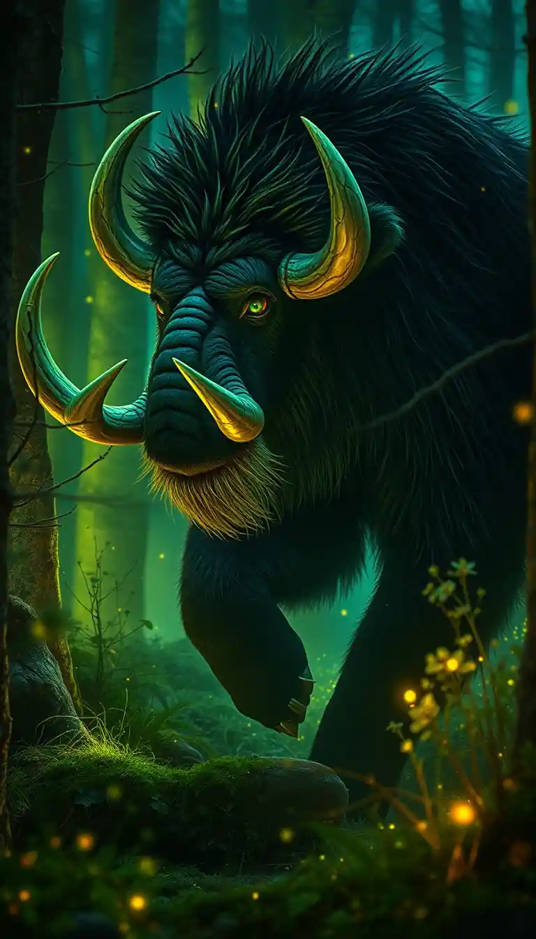 Charging mammoth in a glowing bioluminescent fantasy forest