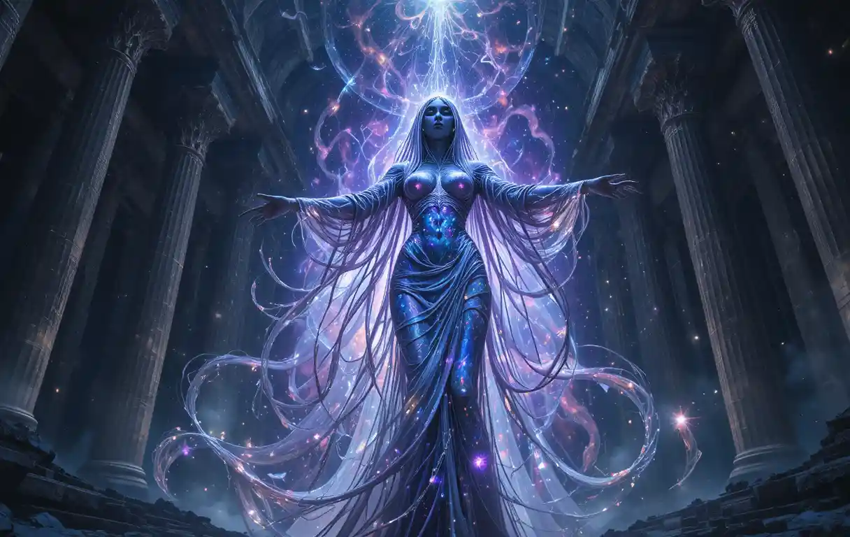 Diosa cósmica eldritch alzándose en un templo de obsidiana en ruinas